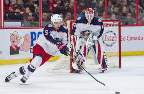 OTTAWA, ON – DECEMBER 29: Columbus Blue Jackets Left Wing Artemi Panarin (9) stcihandles the puck as Columbus Blue Jackets Goalie Sergei Bobrovsky (72) watches on during the first period of the NHL game between the Ottawa Senators and the Columbus Blue Jackets on Dec. 29, 2017 at the Canadian Tire Centre in Ottawa, Ontario, Canada. (Photo by Steven Kingsman/Icon Sportswire via Getty Images)