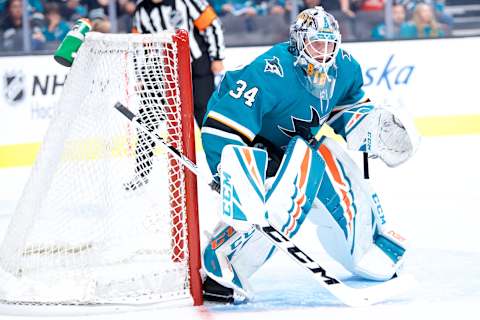 SAN JOSE, CA – SEPTEMBER 18: San Jose Sharks goaltender Antoine Bibeau (34) during the San Jose Sharks game versus the Anaheim Ducks on September 18, 2018, at SAP Center at San Jose in San Jose, CA. (Photo by Matt Cohen/Icon Sportswire via Getty Images)