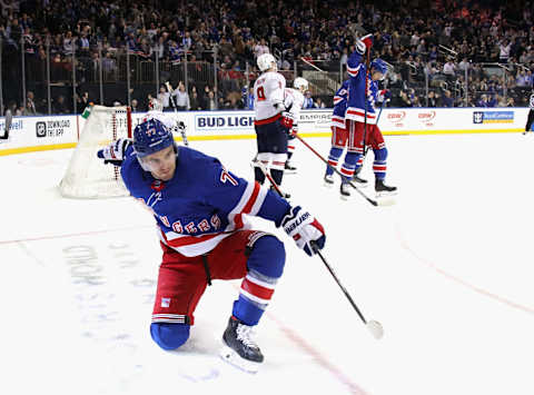 Tony DeAngelo #77 of the New York Rangers celebrates his second period goal against the Washington Capitals at MSG. (Photo by Bruce Bennett/Getty Images)