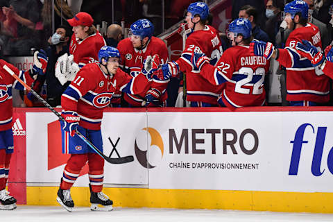 MONTREAL, QC – APRIL 29: Brendan Gallagher #11 of the Montreal Canadiens celebrates his goal with teammates on the bench during the first period against the Florida Panthers at Centre Bell on April 29, 2022 in Montreal, Canada. The Montreal Canadiens defeated the Florida Panthers 10-2. (Photo by Minas Panagiotakis/Getty Images)