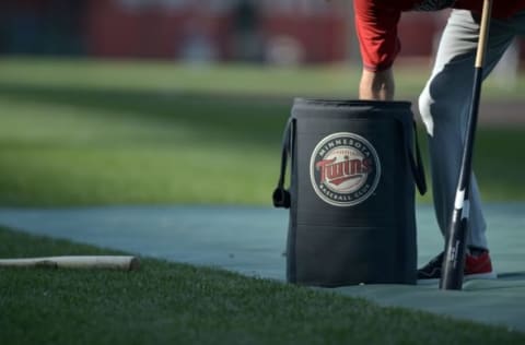 Jul 3, 2015; Kansas City, MO, USA; A general view of the Minnesota Twins ball bag during batting practice before the game against the Kansas City Royals at Kauffman Stadium. Mandatory Credit: Denny Medley-USA TODAY Sports