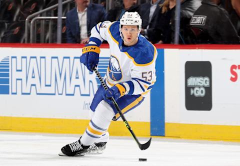 NEWARK, NEW JERSEY – APRIL 21: Jeff Skinner #53 of the Buffalo Sabres takes the puck during the first period against the New Jersey Devils at Prudential Center on April 21, 2022 in Newark, New Jersey. (Photo by Elsa/Getty Images)