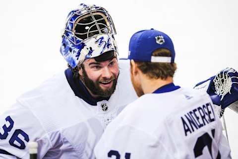 CALGARY, AB – JANUARY 24:Jack Campbell #36 and Frederik Andersen #31 of the Toronto Maple Leafs  (Photo by Derek Leung/Getty Images)