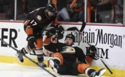 May 25, 2015; Anaheim, CA, USA; Anaheim Ducks left wing Matt Beleskey (39) is congratulated by center Ryan Kesler (17) for scoring the game-winning goal against the Chicago Blackhawks during the overtime period in game five of the Western Conference Final of the 2015 Stanley Cup Playoffs at Honda Center. Mandatory Credit: Gary A. Vasquez-USA TODAY Sports