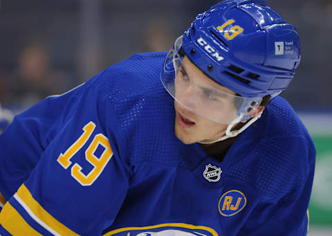 Oct 17, 2023; Buffalo, New York, USA; Buffalo Sabres center Peyton Krebs (19) during a stoppage in play against the Tampa Bay Lightning during the third period at KeyBank Center. Mandatory Credit: Timothy T. Ludwig-USA TODAY Sports