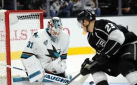 Los Angeles Kings right wing Dustin Brown was the only player to score against San Jose Sharks goalie Martin Jones Wednesday night while Logan Couture leads both teams in scoring with two goals and an assist. Gary A. Vasquez-USA TODAY Sports