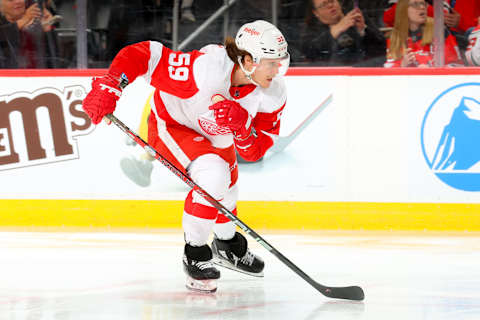 NEWARK, NJ – APRIL 29: Tyler Bertuzzi #59 of the Detroit Red Wings skates during the game against the New Jersey Devils on April 29, 2022 at the Prudential Center in Newark, New Jersey. (Photo by Rich Graessle/Getty Images)