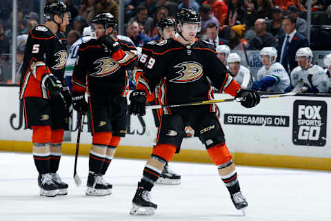 ANAHEIM, CA – NOVEMBER 01: From left, Korbinian Holzer #5, Sam Steel #34, Josh Mahura #76, and Max Jones #49 of the Anaheim Ducks during the game at Honda Center on November 1, 2019, in Anaheim, California. (Photo by Debora Robinson/NHLI via Getty Images)