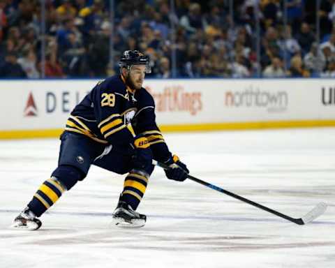 Oct 8, 2015; Buffalo, NY, USA; Buffalo Sabres center Zemgus Girgensons (28) during the game against the Ottawa Senators at First Niagara Center. Mandatory Credit: Kevin Hoffman-USA TODAY Sports