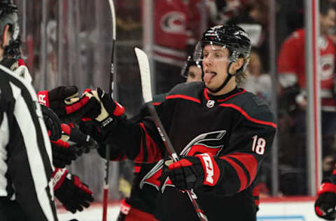 RALEIGH, NC – JANUARY 10: Carolina Hurricanes Left Wing Ryan Dzingel (18) celebrates with teammates after a goal during a game between the Arizona Coyotes and the Carolina Hurricanes on January 10, 2019 at the PNC Arena in Raleigh, NC. (Photo by Greg Thompson/Icon Sportswire via Getty Images)