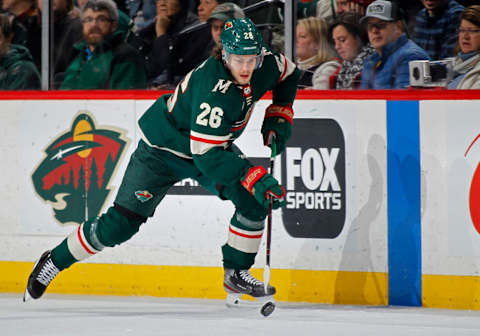 ST. PAUL, MN – FEBRUARY 19: Pontus Aberg #26 of the Minnesota Wild skates with the puck during a game with the Anaheim Ducks at Xcel Energy Center on February 19, 2019, in St. Paul, Minnesota.(Photo by Bruce Kluckhohn/NHLI via Getty Images)