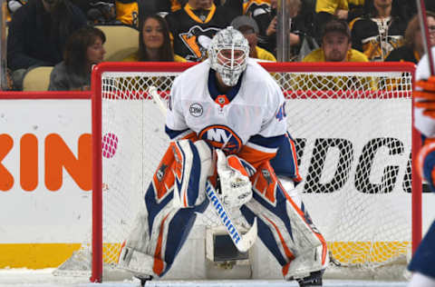 PITTSBURGH, PA – APRIL 16: Robin Lehner #40 of the New York Islanders defends the net against the Pittsburgh Penguins in Game Four of the Eastern Conference First Round during the 2019 NHL Stanley Cup Playoffs at PPG Paints Arena on April 16, 2019 in Pittsburgh, Pennsylvania. (Photo by Joe Sargent/NHLI via Getty Images)