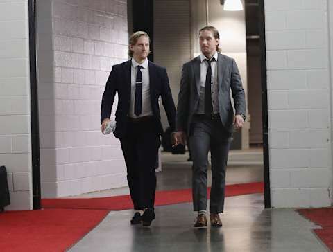 NEWARK, NEW JERSEY – OCTOBER 25: (L-R) Blake Coleman #20 and Sami Vatanen #45 of the New Jersey Devils arrive for the game against the Arizona Coyotes at the Prudential Center on October 25, 2019 in Newark, New Jersey. (Photo by Bruce Bennett/Getty Images)