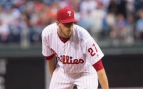 Jun 16, 2016; Philadelphia, PA, USA; Philadelphia Phillies starting pitcher Nola (27) pitches against the Toronto Blue Jays at Citizens Bank Park. The Toronto Blue Jays won 13-2. Mandatory Credit: Bill Streicher-USA TODAY Sports