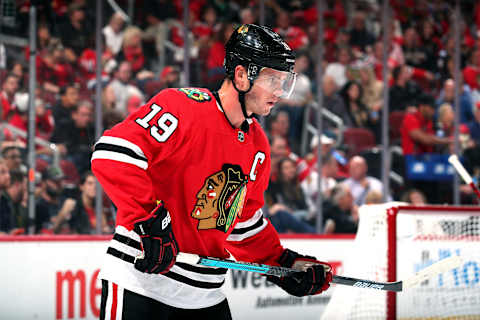 CHICAGO, IL – OCTOBER 10: Jonathan Toews #19 of the Chicago Blackhawks looks down the ice in the first period against the San Jose Sharks at the United Center on October 10, 2019 in Chicago, Illinois. The San Jose Sharks defeated the Chicago Blackhawks 5-4. (Photo by Chase Agnello-Dean/NHLI via Getty Images)