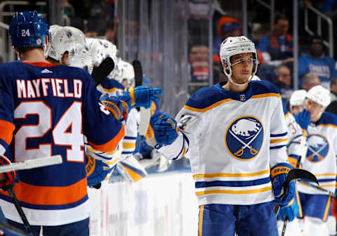 ELMONT, NEW YORK – MARCH 07: Dylan Cozens #24 of the Buffalo Sabres celebrates his goal at 5:00 of the second period against the New York Islanders at the UBS Arena on March 07, 2023 in Elmont, New York. (Photo by Bruce Bennett/Getty Images)