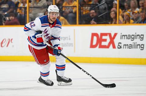 NASHVILLE, TN – FEBRUARY 3: Brendan Smith #42 of the New York Rangers skates against the Nashville Predators during an NHL game at Bridgestone Arena on February 3, 2018 in Nashville, Tennessee. (Photo by John Russell/NHLI via Getty Images)