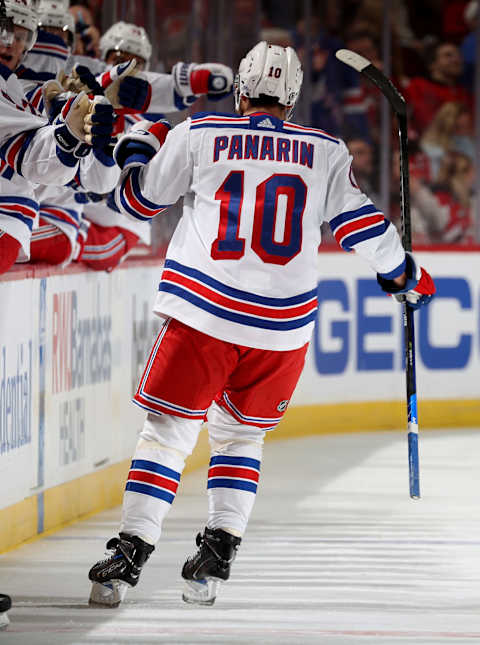 NEWARK, NEW JERSEY – NOVEMBER 18: Artemi Panarin #10 of the New York Rangers celebrates his goal during the third period against the New Jersey Devils at Prudential Center on November 18, 2023 in Newark, New Jersey. The New York Rangers defeated the New Jersey Devils 5-3. (Photo by Elsa/Getty Images)