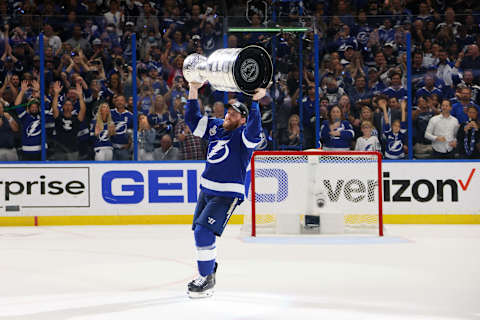 Blake Coleman hoists the Stanley Cup for the Tampa Bay Lightning. (Photo by Bruce Bennett/Getty Images)