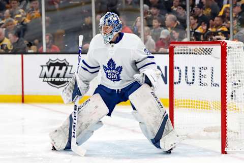 BOSTON, MA – APRIL 23: Toronto Maple Leafs goalie Frederik Andersen (31) gets ready for a shot during Game 7 of the 2019 First Round Stanley Cup Playoffs between the Boston Bruins and the Toronto Maple Leafs on April 23, 2019, at TD Garden in Boston, Massachusetts. (Photo by Fred Kfoury III/Icon Sportswire via Getty Images)