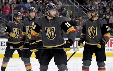 LAS VEGAS, NEVADA – MARCH 03: (L-R) Max Pacioretty #67, Brayden McNabb #3, Nicolas Roy #10 and William Karlsson #71 of the Vegas Golden Knights wait for a faceoff in the first period of their game against the New Jersey Devils at T-Mobile Arena on March 3, 2020 in Las Vegas, Nevada. The Golden Knights defeated the Devils 3-0. (Photo by Ethan Miller/Getty Images)