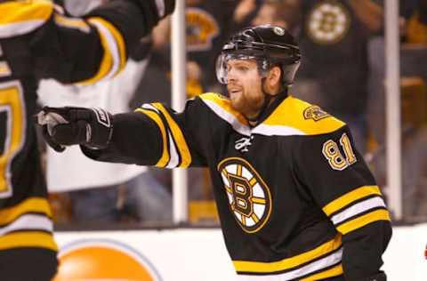 BOSTON – MAY 10: Phil Kessel #81of the Boston Bruins celebrates his goal against the Carolina Hurricanes during Game Five of the Eastern Conference Semifinal Round of the 2009 Stanley Cup Playoffs on May 10, 2009 at the TD Banknorth Garden in Boston, Massachusetts. (Photo by Jim Rogash/Getty Images)