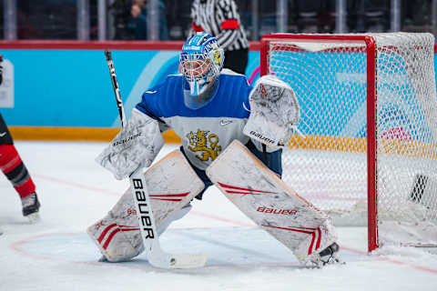 LAUSANNE, SWITZERLAND – JANUARY 22: #1 Goalkeeper Topias Leinonen of Finland in action during Men’s 6-Team Tournament Bronze Medal Game between Canada and Finland of the Lausanne 2020 Winter Youth Olympics on January 22, 2020 in Lausanne, Switzerland. (Photo by RvS.Media/Monika Majer/Getty Images)