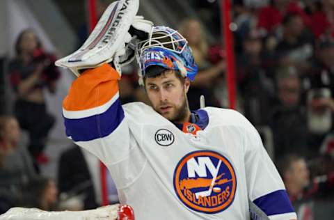 RALEIGH, NC – MAY 03: Thomas Greiss of the New York Islanders prepares for a faceoff against the Carolina Hurricanes in Game Four of the Eastern Conference Second Round during the 2019 NHL Stanley Cup Playoffs on May 3, 2019 at PNC Arena in Raleigh, North Carolina. (Photo by Gregg Forwerck/NHLI via Getty Images)