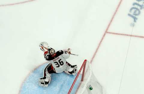 COLUMBUS, OH – DECEMBER 09: John Gibson #36 of the Anaheim Ducks makes a save during the game against the Columbus Blue Jackets at Nationwide Arena on December 9, 2021 in Columbus, Ohio. Anaheim defeated Columbus 2-1 in a shootout. (Photo by Kirk Irwin/Getty Images)