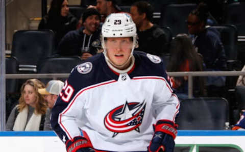 ELMONT, NEW YORK – MARCH 10: Patrik Laine #29 of the Columbus Blue Jackets skates against the New York Islanders at the UBS Arena on March 10, 2022 in Elmont, New York. (Photo by Bruce Bennett/Getty Images)