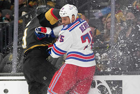 Jan 6, 2022; Las Vegas, Nevada, USA; New York Rangers right wing Ryan Reaves (75) collides with Vegas Golden Knights defenseman Brayden McNabb (3) during the first period at T-Mobile Arena. Mandatory Credit: Stephen R. Sylvanie-USA TODAY Sports