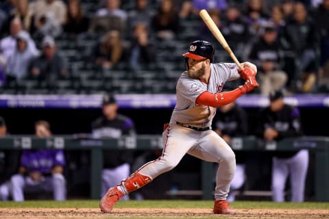 DENVER, CO – SEPTEMBER 29: Bryce Harper #34 of the Washington Nationals bats against the Colorado Rockies in the ninth inning of a game at Coors Field on September 29, 2018 in Denver, Colorado. (Photo by Dustin Bradford/Getty Images)