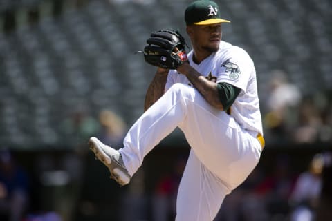 Apr 23, 2022; Oakland, California, USA; Oakland Athletics starting pitcher Frankie Montas (47) delivers a pitch against the Texas Rangers during the second inning at RingCentral Coliseum. Mandatory Credit: D. Ross Cameron-USA TODAY Sports