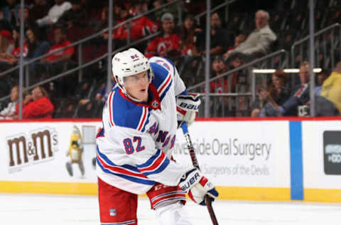 NEWARK, NEW JERSEY – SEPTEMBER 20: Joey Keane #82 of the New York Rangers skates against the New Jersey Devils at the Prudential Center on September 20, 2019 in Newark, New Jersey. The Devils defeated the Rangers 4-2. (Photo by Bruce Bennett/Getty Images)