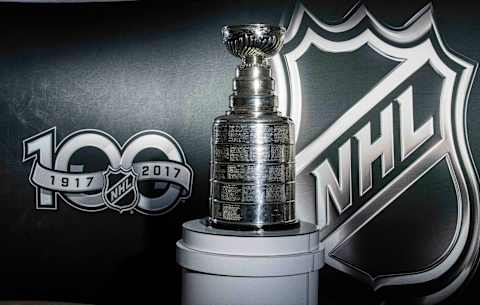 Jan 14, 2017; Dallas, TX, USA; A general view of the Stanley Cup and NHL Centennial Logos before the game between the Dallas Stars and the Minnesota Wild at American Airlines Center. Mandatory Credit: Jerome Miron-USA TODAY Sports