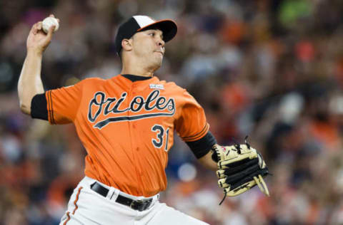 Jun 3, 2017; Baltimore, MD, USA; Baltimore Orioles relief pitcher Ubaldo Jimenez (31) throws a pitch to a Boston Red Sox batter in the eighth inning during a game at Oriole Park at Camden Yards. Mandatory Credit: Patrick McDermott-USA TODAY Sports