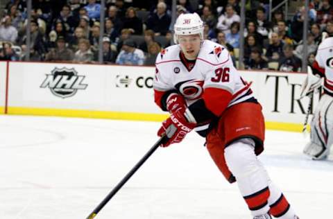 PITTSBURGH, PA – DECEMBER 27: Jussi Jokinen #36 of the Carolina Hurricanes skates against the Pittsburgh Penguins during the game at Consol Energy Center on December 27, 2011 in Pittsburgh, Pennsylvania. (Photo by Justin K. Aller/Getty Images)