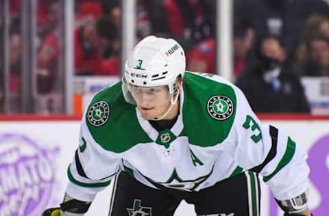 CALGARY, AB – NOVEMBER 4: John Klingberg #3 of the Dallas Stars in action against the Calgary Flames during an NHL game at Scotiabank Saddledome on November 4, 2021 in Calgary, Alberta, Canada. The Dallas Stars defeated the Flames 4-3 in overtime. (Photo by Derek Leung/Getty Images)