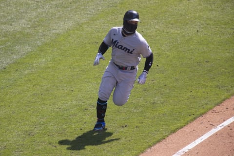 PHILADELPHIA, PA – JULY 26: Isan Diaz #1 of the Miami Marlins runs to first base against the Philadelphia Phillies at Citizens Bank Park on July 26, 2020 in Philadelphia, Pennsylvania. The 2020 season had been postponed since March due to the COVID-19 pandemic. The Marlins defeated the Phillies 11-6. (Photo by Mitchell Leff/Getty Images)