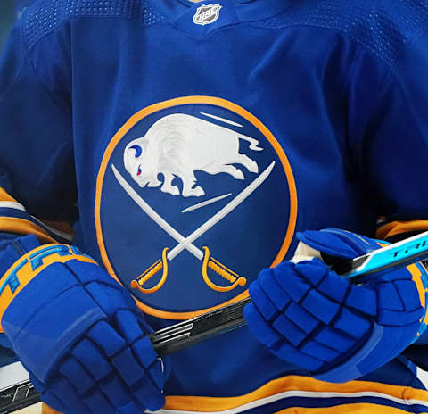 BUFFALO, NY – JANUARY 14: A general view of the Buffalo Sabres logo on a jersey during the game against the Washington Capitals at KeyBank Center on January 14 , 2021 in Buffalo, New York. (Photo by Kevin Hoffman/Getty Images)