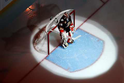 ANAHEIM, CA – APRIL 5: John Gibson #36 of the Anaheim Ducks during introductions of the game against the Los Angeles Kings on April 5, 2019, at Honda Center in Anaheim, California. (Photo by Debora Robinson/NHLI via Getty Images)