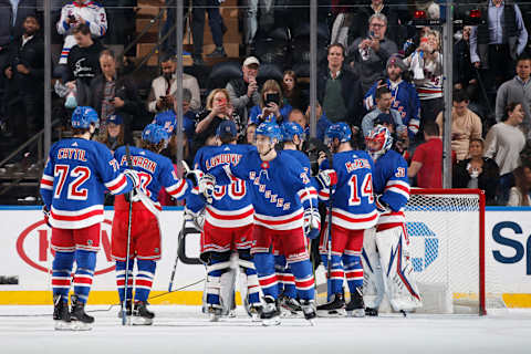 NEW YORK, NY – FEBRUARY 05: The New York Rangers celebrate after defeating the Toronto Maple Leafs 5-3 at Madison Square Garden on February 5, 2020 in New York City. (Photo by Jared Silber/NHLI via Getty Images)