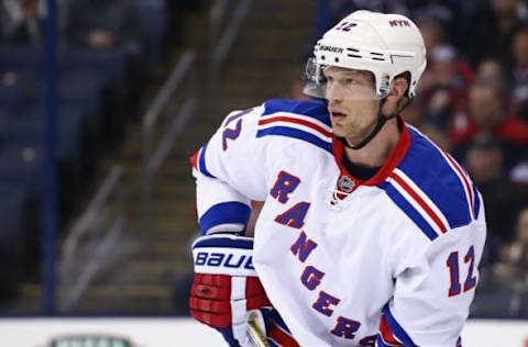 Apr 4, 2016; Columbus, OH, USA; New York Rangers center Eric Staal (12) against the Columbus Blue Jackets at Nationwide Arena. The Rangers won 4-2. Mandatory Credit: Aaron Doster-USA TODAY Sports