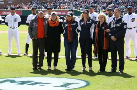 DETROIT, MI – APRIL 7: Marian Ilitch (2nd to right) and five children celebrate the life of former Detroit Tigers owner Michael Ilitch prior to the start of the opening day game against the Boston Red Sox on April 7, 2017 at Comerica Park in Detroit, Michigan. (Photo by Leon Halip/Getty Images)