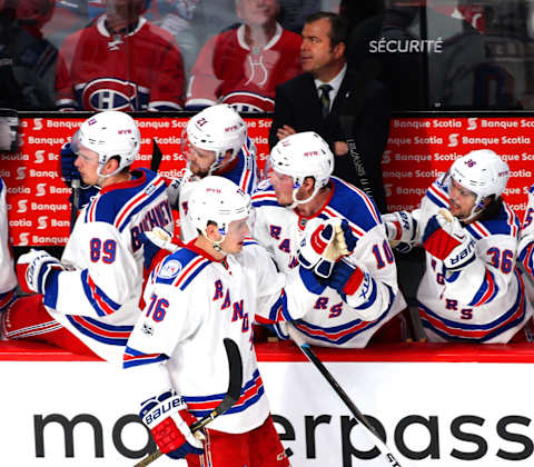 Apr 20, 2017; Montreal, Quebec, CAN; New York Rangers defenseman Brady Skjei (76) celebrates his goal against Montreal Canadiens with teammates during the second period in game five of the first round of the 2017 Stanley Cup Playoffs at Bell Centre. Mandatory Credit: Jean-Yves Ahern-USA TODAY Sports