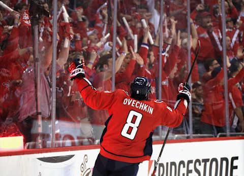 WASHINGTON, DC – JUNE 04: Alex Ovechkin #8 of the Washington Capitals celebrates a goal by teammate Tom Wilson #43 (not pictured) during the first period of Game Four of the 2018 NHL Stanley Cup Final against the Vegas Golden Knights at Capital One Arena on June 4, 2018 in Washington, DC. (Photo by Dave Sandford/NHLI via Getty Images)