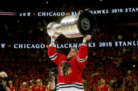 Chicago Blackhawks right wing Kris Versteeg (23) celebrates with the Stanley Cup Monday, June 15, 2015, after winning the Stanley Cup Final at United Center. (Brian Cassella/Chicago Tribune/TNS via Getty Images)