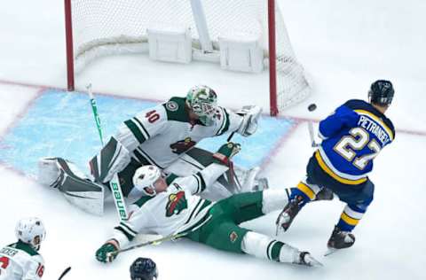 ST. LOUIS, MO – OCTOBER 30: Alex Pietrangelo #27 of the St. Louis Blues scores a goal against Devan Dubnyk #40 of the Minnesota Wild at Enterprise Center on October 30, 2019, in St. Louis, Missouri. (Photo by Scott Rovak/NHLI via Getty Images)