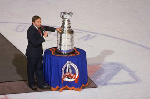 American lawyer and commissioner of the NHL Gary Bettman prepares to present the Stanley Cup to the championship New York Rangers, Madison Square Garden, New York, June 14, 1994. (Photo by Scott Levy/Getty Images)