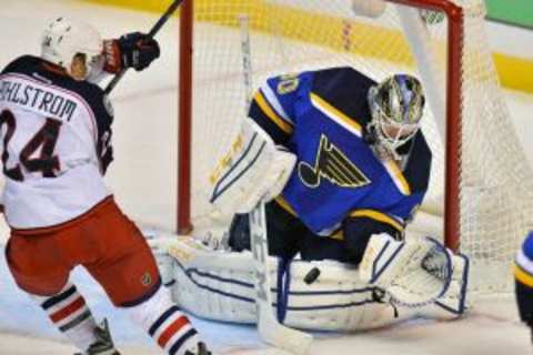 Sep 22, 2015; St. Louis, MO, USA; St. Louis Blues goalie Jordan Binnington (30) makes a save against the Columbus Blue Jackets during the third period at Scottrade Center. Mandatory Credit: Jasen Vinlove-USA TODAY Sports